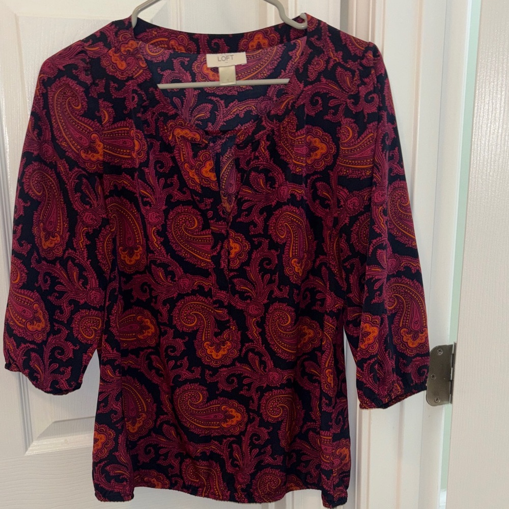 LOFT Black Paisley V-Neck Blouse with Pink and Orange Accents